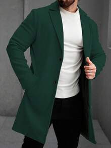 Manfinity Mode 男士纯色简约日常大衣，长袖，秋冬款 - 墨綠色 - 查看 7