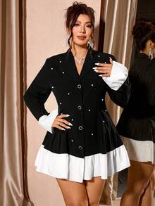 Cravure 女士加大码修身披肩领拼接荷叶边优雅商务西装外套装饰珍珠连衣裙 - 黑與白 - 查看 1