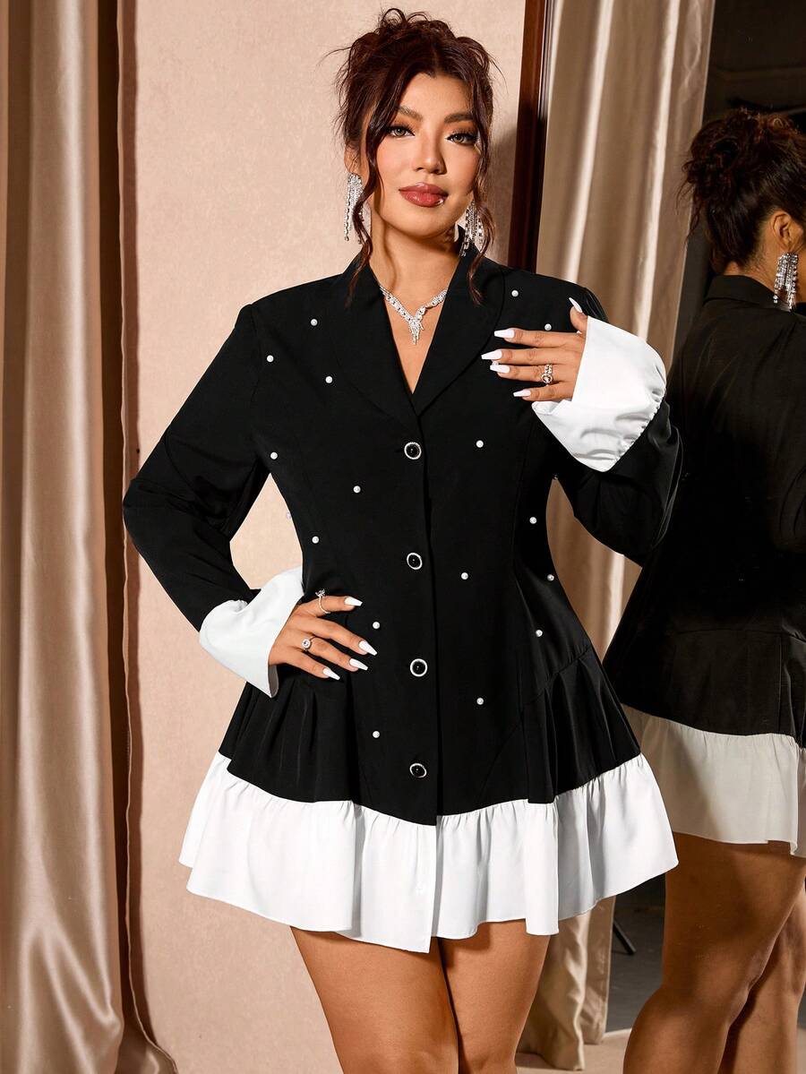 Cravure 女士加大码修身披肩领拼接荷叶边优雅商务西装外套装饰珍珠连衣裙 - 黑與白 - 查看 1