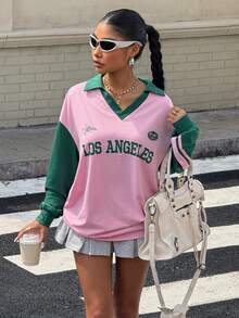 Muchica Pink Women's Contrast Color Knit Letter Pattern Dropped Shoulder Loose T-Shirt Retro Clothes - Pink - View 7