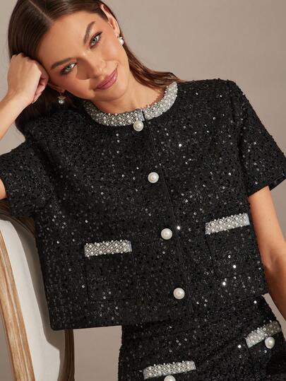 Enchnt Completo elegante da donna con giacca e gonna corta con decorazioni in finta perla e paillettes