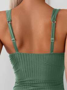 Swim Basics Women's Solid Color Drawstring One-Piece Swimsuit, Suitable For Beach Holiday For Summer Beach Vacation - Army Green - View 3