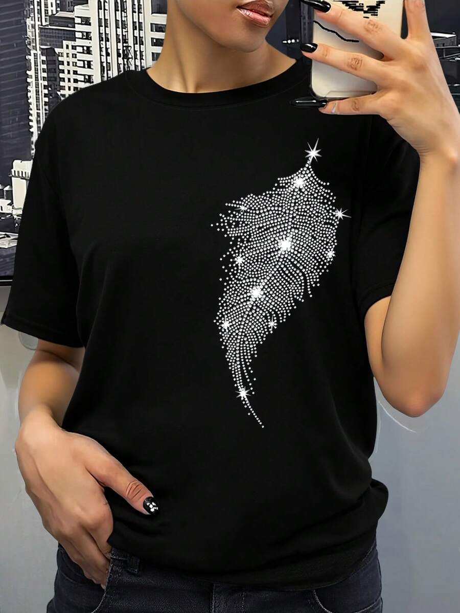 Áo thun tay ngắn cổ tròn đính đá Rhinestone cỡ lớn cho nữ - màu đen - Xem 1