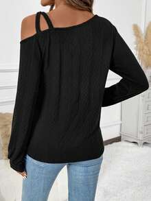 SHEIN Clasi Women's Solid Color Asymmetrical Shoulder Long Sleeve Casual Fashion T-Shirt In Fall/Winter, Black Long Sleeve Knit T-Shirt, New Year Thanksgiving Party