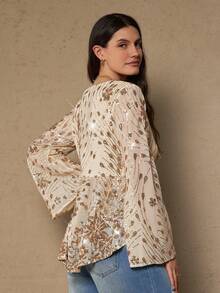 Freevana 大码女式花卉亮片前系带喇叭袖时尚衬衫 - 杏色 - 查看 5