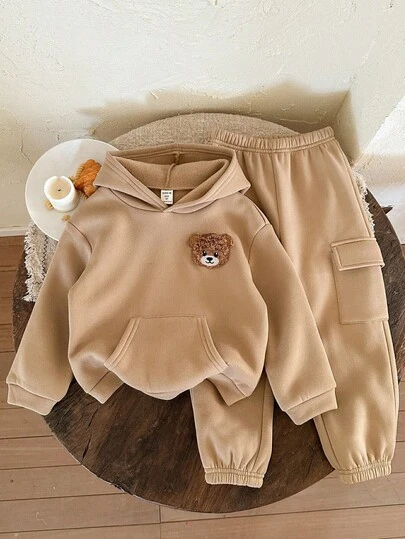 LMoss Kids LMoss  2pcs Young Boy Solid Color Bear Graphic Knit Casual Sweatshirt And Pants Set,Pull,Winter Clothes,Hoodie,Ensemble,Long Sleeve Top