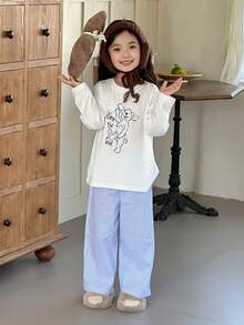 DAZY 2pcs Young Girl Girls Knit Printed Long Sleeve T-Shirt + Woven Striped Pants Loungewear Set, Fall - Blue - View 4