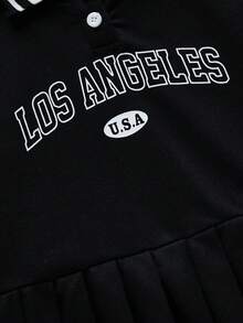 SHEIN Explorewe Young Girl Letter & Striped Print Pleated Long Sleeve Dress