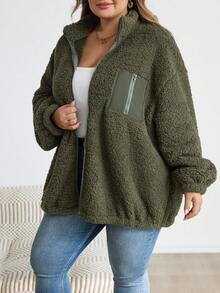 SHEIN CURVE+ Chaqueta de forro polar informal de talla grande, versátil para otoño/invierno - Verde militar - Ver 6