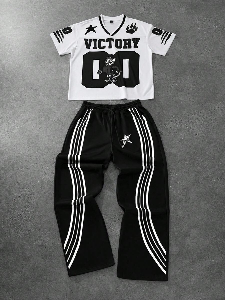 PAVTROS Conjunto de camiseta de manga corta con estampado de letras y pantalones sencillo para hombre, chándal para hombre, conjunto de dos piezas para hombre, ropa de hombre, regalo para el novio - Blanco y Negro - Ver 1