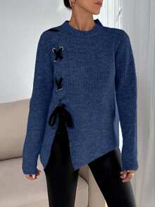 SHEIN Tall Tall Casual Contrast Color Cross Cord Placement Rib Knit Sweater With Slit - Blue - View 5