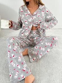 2Pcs Cotton Collar Detail Printed PJ Set - Multicolor - View 6
