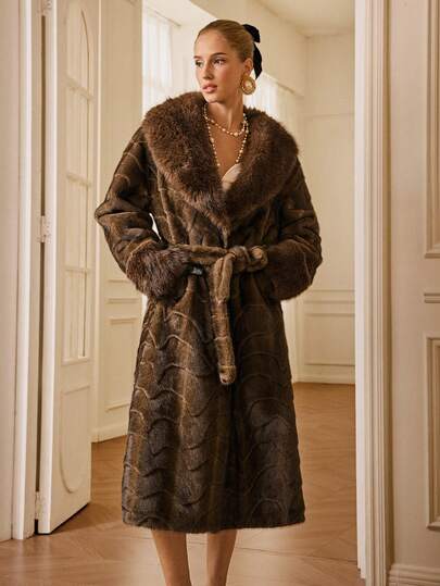 Aveloria Rosie Brown Wavy Textured Elegant Belted Long Fluffy Coat, Fashionable Lapel Slim Fit Overcoat, Autumn/Winter