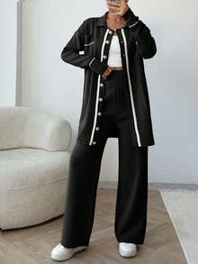 EURMUSE Women Pocket Detailed Front Button Collar Neck Drop Shoulder Cardigan & Sweater Pants Set - Black and White - View 4