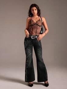 SHEIN EZwear Women's Fashion Commuter Casual Rhinestone Embellished Jeans - Blue - View 6
