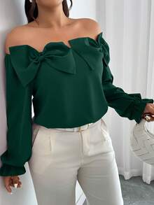 Elenzga Plus Size Solid Color Bow Decor Elegant Long Sleeve Shirt Fall - Dark Green - View 5