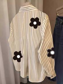 INAWLY Áo sơ mi dài tay họa tiết sọc đính đá cho nữ, phù hợp cho mùa xuân và mùa thu - Nhiều màu - Xem 2