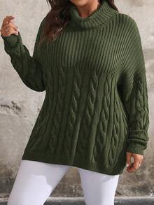 SHEIN LUNE Plus Size Solid Color Minimalist Everyday Long Sleeve Knit Pullover Sweater - Army Green - View 6