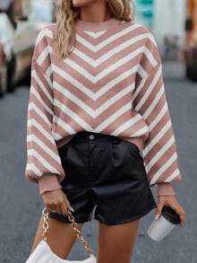 SHEIN LUNE 女式休闲拼色条纹毛衣，秋冬 - Red Plum - 查看 4