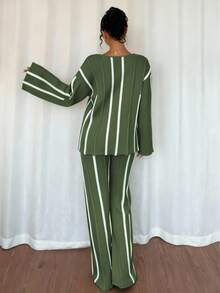 SHEIN Clasi 女士优雅长袖圆领上衣和阔腿裤两件套 - 綠色 - 查看 2