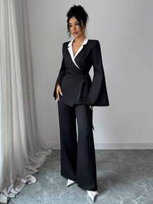 Elenzga Conjunto de traje de mujer con blazer de manga larga con cuello alto, cintura ceñida y dobladillo en línea A, y pantalones rectos de pierna ancha de unicolor, elegante, de moda, casual, encantador, retro, minimalista, de alta gama, romántico y apropiado para vacaciones - Negro - Ver 5