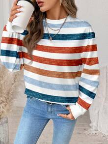 SHEIN LUNE 休闲彩色条纹复古别致印花圆领宽松女式运动衫，家庭套装，适合户外、通勤和运动 - 彩色 - 查看 4