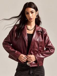 2025 Easelle Red Pu Jacket With Peaked Collar Retro Red Distressed White Effect Back Five-Pointed Star Patch Jacket 2025 Retro Wine Red - Burgundy - View 2