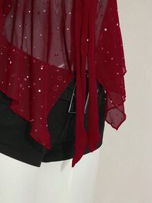 SHEIN ICON 女式闪亮面料不对称网眼下摆背心 - 酒紅色 - 查看 8