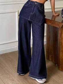 DAZY 2pcs Western Cowgirl Loose Wide Leg Pants & Skirt Set, Casual Street Style For Women, Autumn/Winter Women Jeans - Blue - View 7