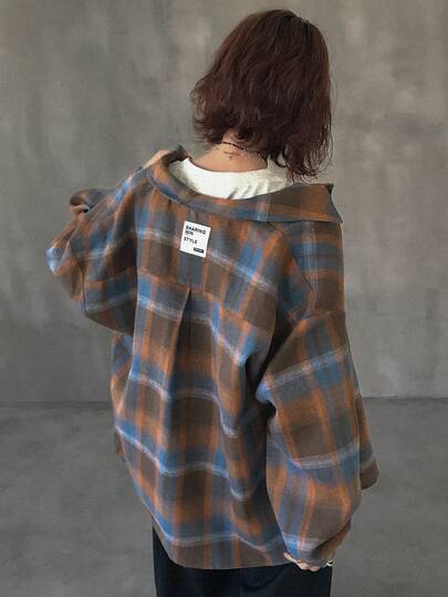 FRIFUL Women's Green Plaid Fabric Back Contrast Woven Label Decor Drop Shoulder Long Sleeve Loose Casual Versatile Fashion Shirt, Autumn/Fall