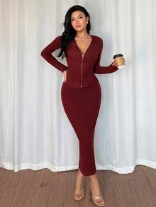 Chiquease 2 Stücke Damen Lässig Everyday Passende Gerippte Strick Strickjacke und Rock Set, Slim Fit, Herbst/Winter - Rot - Übersicht 7