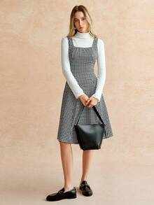 Écloséra Women's Elegant Commuter Dress, Fashionable Street Style Dress, Houndstooth Dress, Mid-Length Dress, Fitted Waist A-Line Dress, Vest Dress, Autumn And Winter Dress, Versatile Dress. - Black and White - View 4