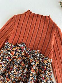 Cozy Pixies Baby Girl Leopard Print High Collar Contrast Color Patchwork Brushed Ribbed Long Sleeve Ruffle Hem Waist Cinched Dress, Suitable For Winter