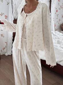 CottageSlumber 3 Peças Conjunto de Camisola, Calça e Roupão Romântico com Renda Floral e Laço, Roupas de Inverno e Outono para Mulheres - Damasco - Visão 8