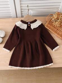 SHEIN Vintaside Kids Baby Girls Floral Embroidered Knit Sweater Dress, Khaki, Elegant & Fashionable, Suitable For Autumn/Winter, School, Daily Wear, Home, Outings, Travel Christmas Dress For Baby Girl Brown Baby Girl Dress Baby Girl Knitted Dress Baby Winter Dress Baby Long Sleeve Dress - Brown - View 2