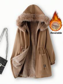 SHEIN Clasi Parka à capuche doublée de fourrure de lapin, style décontracté, grande taille