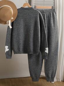 SHEIN 2pcs Teenager Knitted Sweater And Pants Set, Round Neck Dropped Shoulder Sunflower Jacquard Loose Knitted Pullover And Pants - Grey - View 2