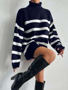 SHEIN Tall Tall Size Women's Turtleneck Oversized Drop Shoulder Long Sleeve Long Sweater - Navy Blue - View 5