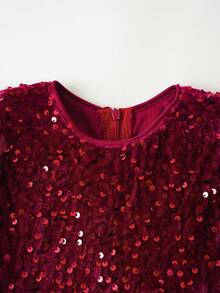 Maija Kids Young Girl Classic Fashion Versatile Party & Casual Elegant Minimalist Sequin Round Neck Petal Sleeve Design Shiny Sophisticated Graceful Dress, Suitable For Christmas - Rose Red - View 8