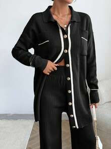 EURMUSE Women Pocket Detailed Front Button Collar Neck Drop Shoulder Cardigan & Sweater Pants Set - Black and White - View 2