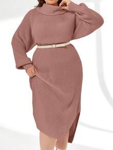 EURMUSE Turtleneck Raglan Sleeve Split Thigh Sweater Dress Without Belt - Dusty Pink - View 4