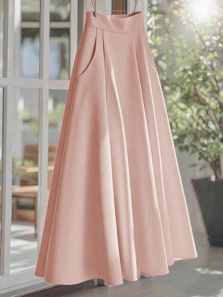 Franclia 新款高腰纯色修身优雅黄色女式半身裙 - 粉色 - 查看 1