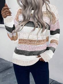 EMERY ROSE Women's Casual Everyday Contrast Color Round Neck Raglan Sweater, Autumn/Winter Fall Cloth For Women Fall Sweater Knit Sweater Pullover For Women Women Sweater Striped Sweater - Multicolor - View 3