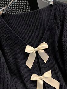 Franclia Bow Decor V-Neck Ribbed Casual Long Sleeve Sweater, Christmas - Black - View 3