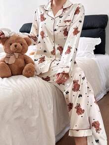 Asian Style Dream Adore Women's Apricot Base Teddy Bear Bow Heart Print Faux Silk Lapel Top & Pants Pajama Set Women Pajamas Fall Winter Clothes