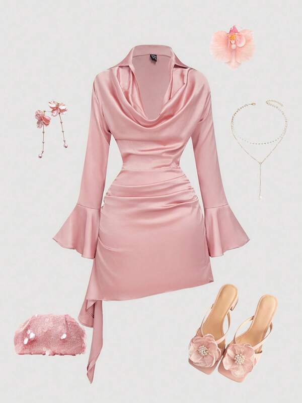 SHEIN MOD Women's Elegant Flounce Collar Flare Sleeve Dress, Pink