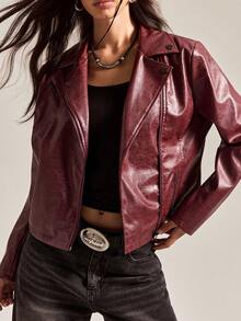 2025 Easelle Red Pu Jacket With Peaked Collar Retro Red Distressed White Effect Back Five-Pointed Star Patch Jacket 2025 Retro Wine Red - Burgundy - View 9