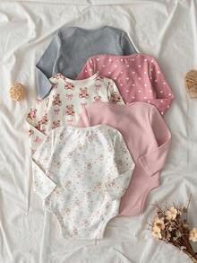 Loomiva 5pcs/Set Newborn Baby Boy/Girl Cartoon Animal Pattern Soft Knit Crew Neck Long Sleeve Snap-Up Bodysuit - Multicolor - View 5