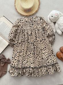 Blossori 年轻女孩法式优雅荷叶边下摆圆领长袖碎花连衣裙 - 黑與白 - 查看 2