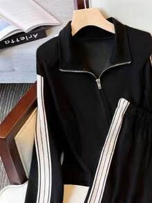 Resyla 女士休闲撞色拼布夹克和裤子两件套，秋冬